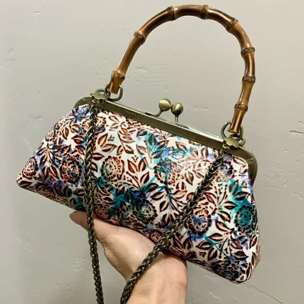 Handmade Genuine Leather Floral Embossed Real bamboo Handle Satchel/Crossbody